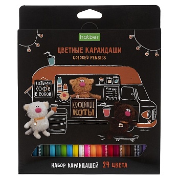 CS_091074 Карандаши цветные "ECO" 24 цв.-Кофейные коты- заточен. в карт. короб. с европодвесом