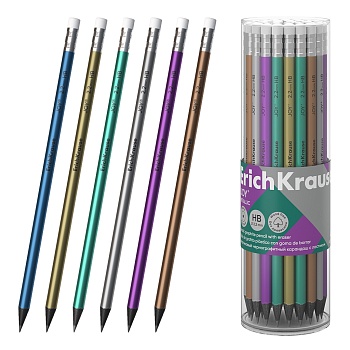 Чернографитный карандаш пластиковый ErichKrause JOY® Metallic, круглый, с ластиком, HB (в тубусе по 