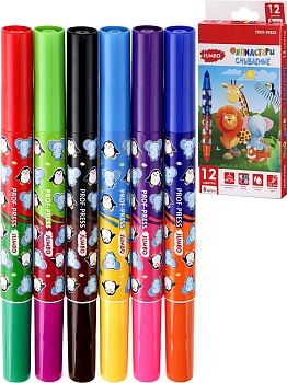 Фломастеры двухсторонние Джамбо, 6 шт., 12 цветов ЗАБАВНЫЕ ЗВЕРУШКИ (ФЛ-4462) смываемые,кратно 12