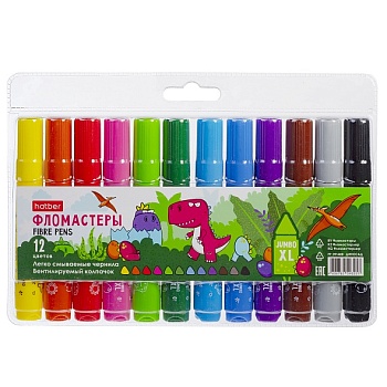 FP_091488 Фломастеры Hatber 12 цв. JUMBO-XL утолщен. корпус -ДИНОСАД-  в блистере с европодвесом