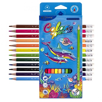 Карандаши цветные Yalong 12 цв., "Worldwater" деревянные, с ластиком, трехгранные, заточенные, грифе