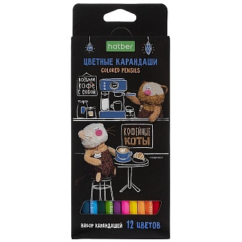 CS_091071 Карандаши цветные "ECO" 12 цв.-Кофейные коты- заточен. в карт. короб. с европодвесом