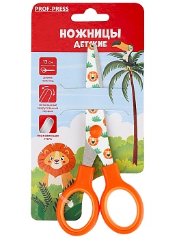 Ножницы детские, 13 см. ЛЬВЕНОК (НЖ-1173) с цветной печатью на лезвии, пластиковые кольца, кр12