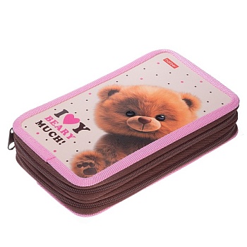 NPn_47096 Пенал 190х110мм 2 отделения на молнии мат.ламин. 3D лак -Пушистый мишка- с табл.умножения 