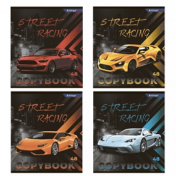 Тетрадь 48л., А5, клетка, Alingar "Авто", скрепка, мелованный картон (стандарт), блок офсет, 4 дизай