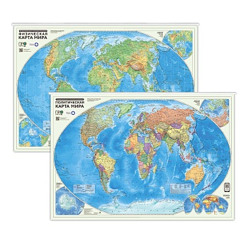 ПРОкарта интерактивная МИР полит.+физич., 101х69 см, ДВУХСТОР. ЛАМ. на рейках с европодвесом (ISBN н