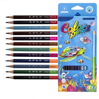 Карандаши цветные двусторонние Yalong 12/24 цв., "Worldwater" деревянные, трехгранные, заточенные, г