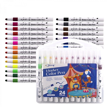 Фломастеры, 24 цв, Yalong, смываемые чернила, корпус круглый с дизайном, "Цирк", вентилируемый колпа